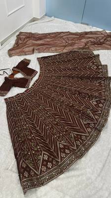 Women's Dark Brown Embroidered Designer Lehenga Choli with V-Neck Blouse & Dupatta 5