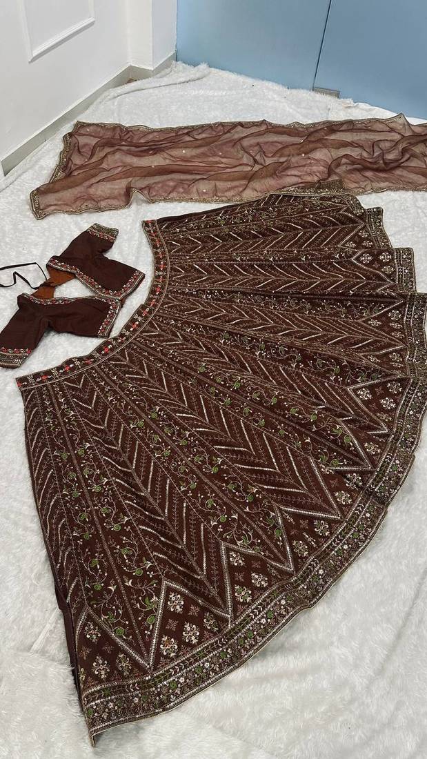 Women's Dark Brown Embroidered Designer Lehenga Choli with V-Neck Blouse & Dupatta