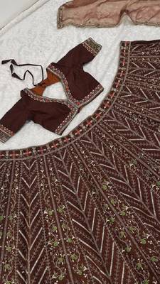 Women's Dark Brown Embroidered Designer Lehenga Choli with V-Neck Blouse & Dupatta 6