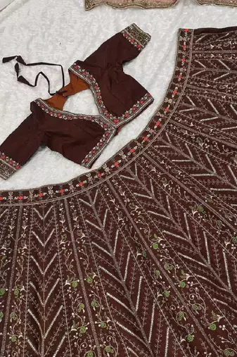 Women's Dark Brown Embroidered Designer Lehenga Choli with V-Neck Blouse & Dupatta