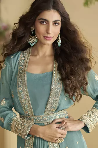 Grey embroidered chinon silk gown