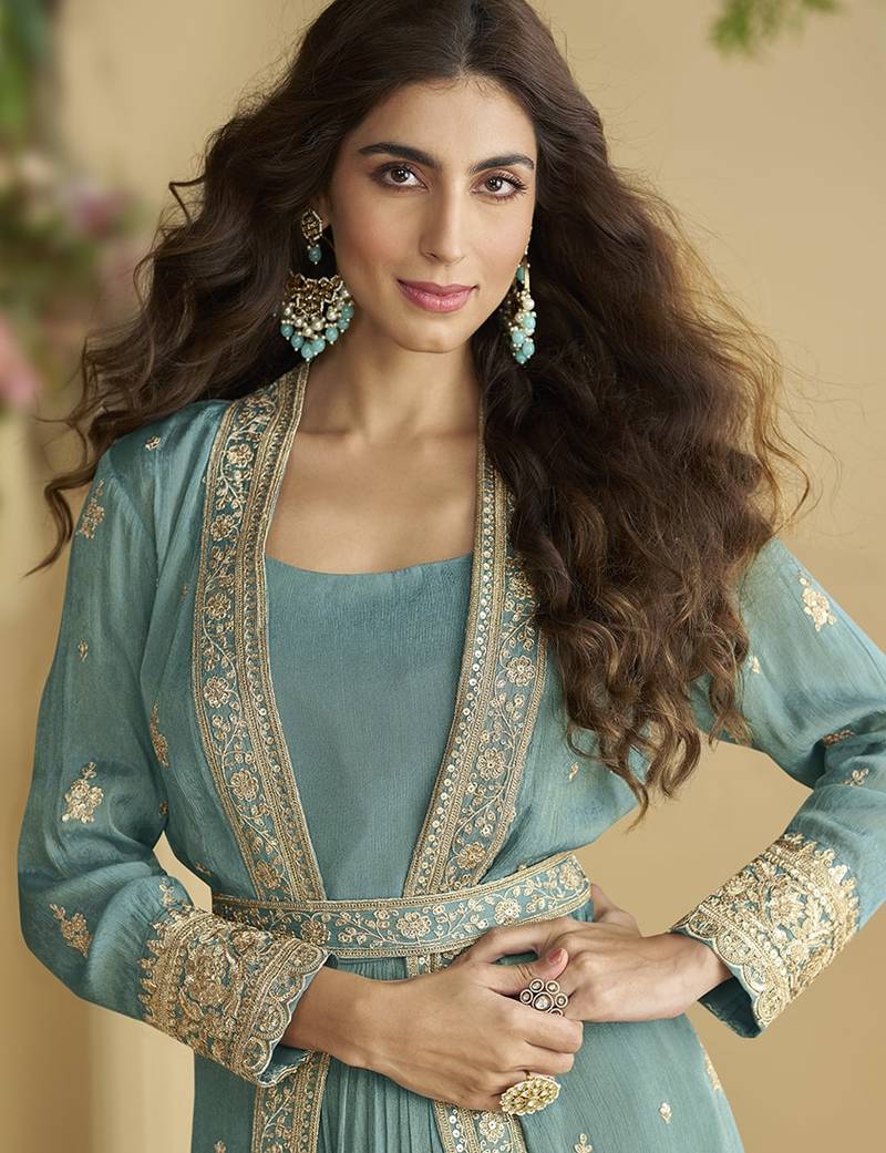 Grey embroidered chinon silk gown