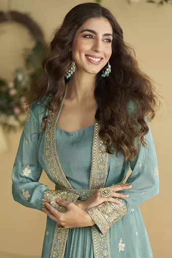 Grey embroidered chinon silk gown