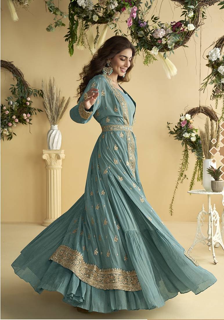 Grey embroidered chinon silk gown