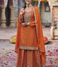 Embroidered work chinon readymade salwar suit in orange