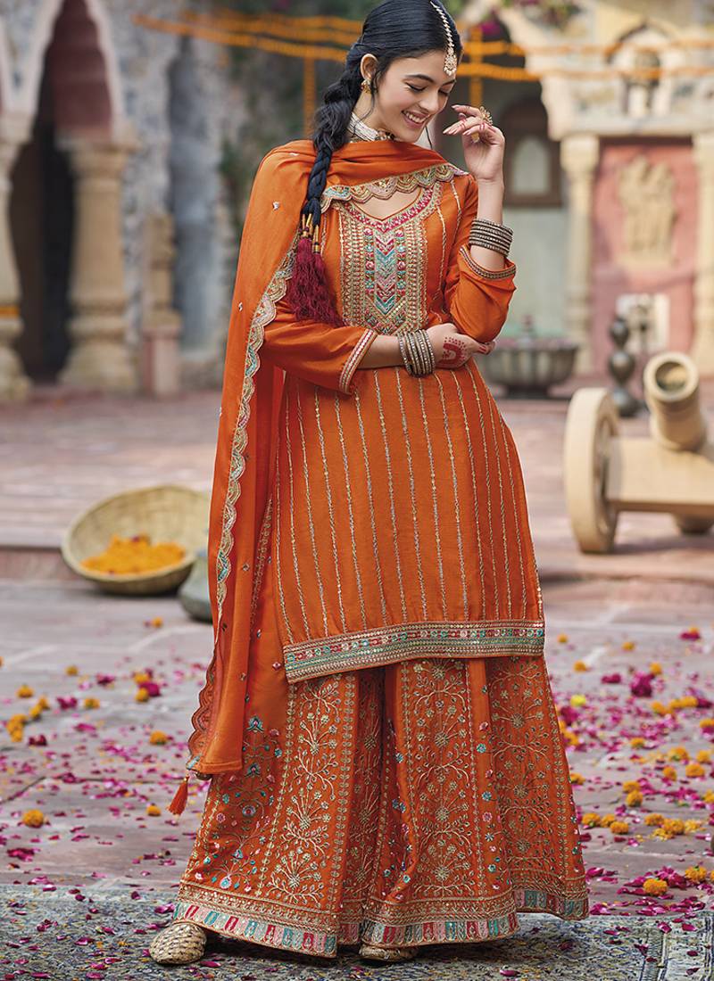 Embroidered work chinon readymade salwar suit in orange