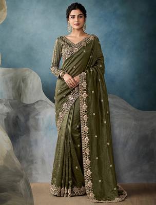 Mehndi Designer Satin Beads Floral Embroidery Border and Sequin Work Saree with Blouse 1