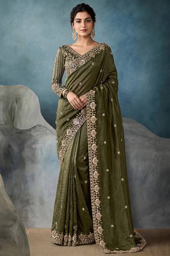 Mehndi Designer Satin Beads Floral Embroidery Border and Sequin Work Saree with Blouse