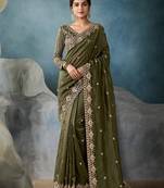 Mehndi Designer Satin Beads Floral Embroidery Border and Sequin Work Saree with Blouse