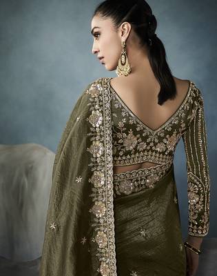 Mehndi Designer Satin Beads Floral Embroidery Border and Sequin Work Saree with Blouse 2