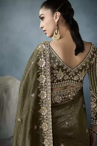 Mehndi Designer Satin Beads Floral Embroidery Border and Sequin Work Saree with Blouse