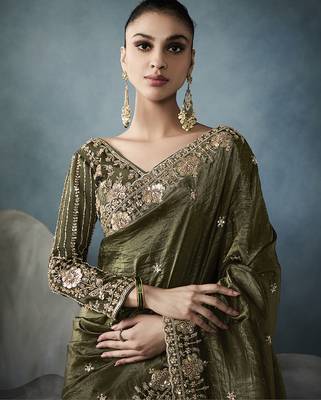 Mehndi Designer Satin Beads Floral Embroidery Border and Sequin Work Saree with Blouse 3
