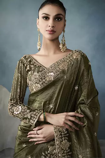 Mehndi Designer Satin Beads Floral Embroidery Border and Sequin Work Saree with Blouse