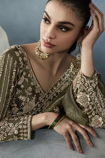 Mehndi Designer Satin Beads Floral Embroidery Border and Sequin Work Saree with Blouse