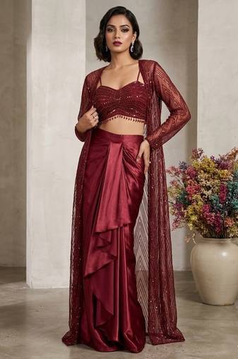 Maroon Net Readymade Stitched 3 Piece Set with Embroidery & Sequence Work