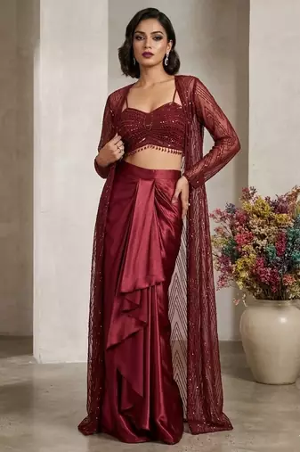Maroon net readymade 3 piece set with embroidery & sequence work