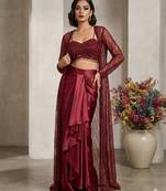 Maroon net readymade 3 piece set with embroidery & sequence work