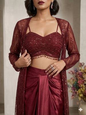 Maroon net readymade 3 piece set with embroidery & sequence work 2