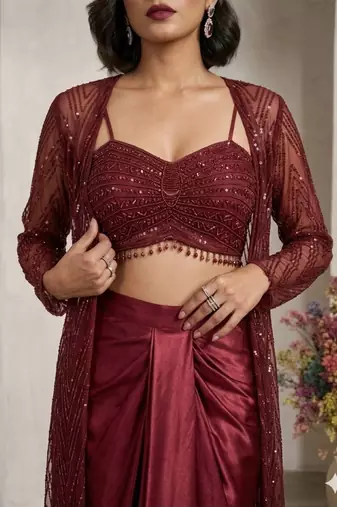 Maroon net readymade 3 piece set with embroidery & sequence work