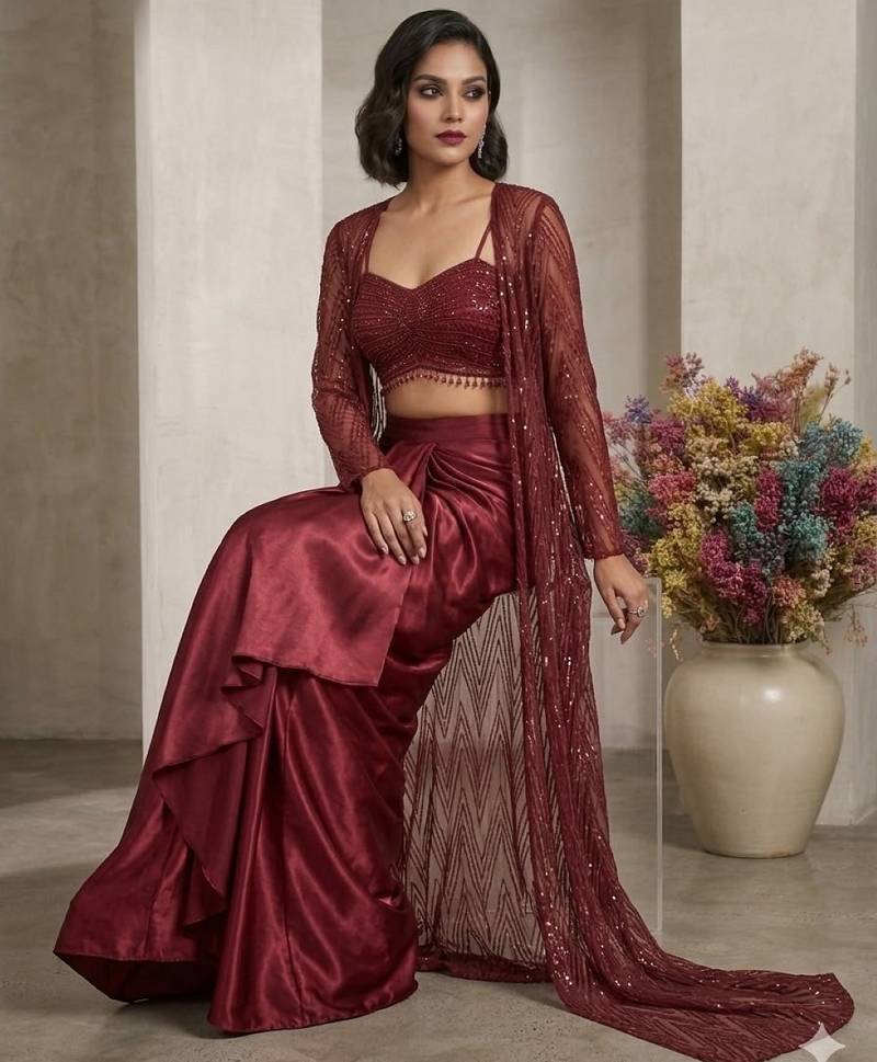 Maroon net readymade 3 piece set with embroidery & sequence work