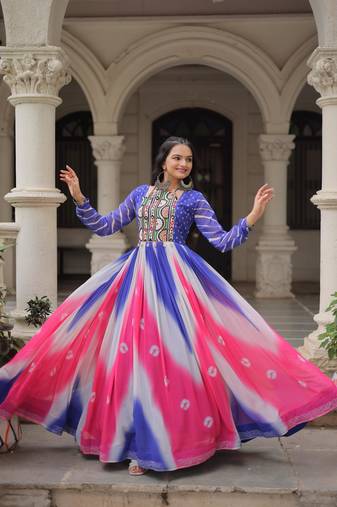 Blue&Pink Georgette Readymade Stitched Navratri Anarkali Suit with Bandhej & Embroidery Work