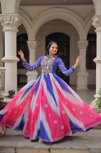 Blue&pink georgette readymade navratri anarkali suit with bandhej & embroidery work
