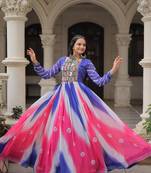 Blue&pink georgette readymade navratri anarkali suit with bandhej & embroidery work