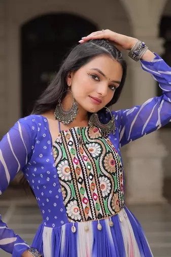 Blue&pink georgette readymade navratri anarkali suit with bandhej & embroidery work