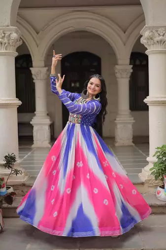 Blue&pink georgette readymade navratri anarkali suit with bandhej & embroidery work