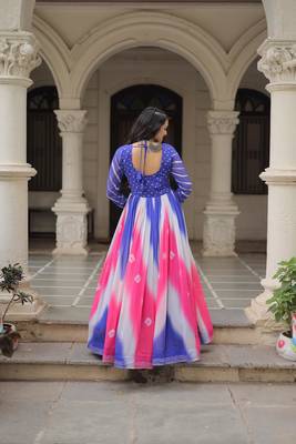 Blue&pink georgette readymade navratri anarkali suit with bandhej & embroidery work 4