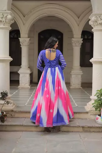 Blue&pink georgette readymade navratri anarkali suit with bandhej & embroidery work