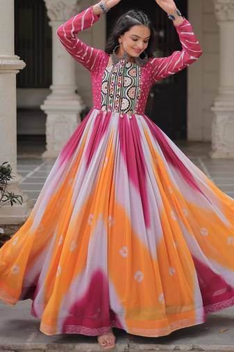 Pink&Yellow Georgette Readymade Stitched Navratri Anarkali Suit with Bandhej & Embroidery Work