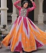 Pink&yellow georgette readymade navratri anarkali suit with bandhej & embroidery work
