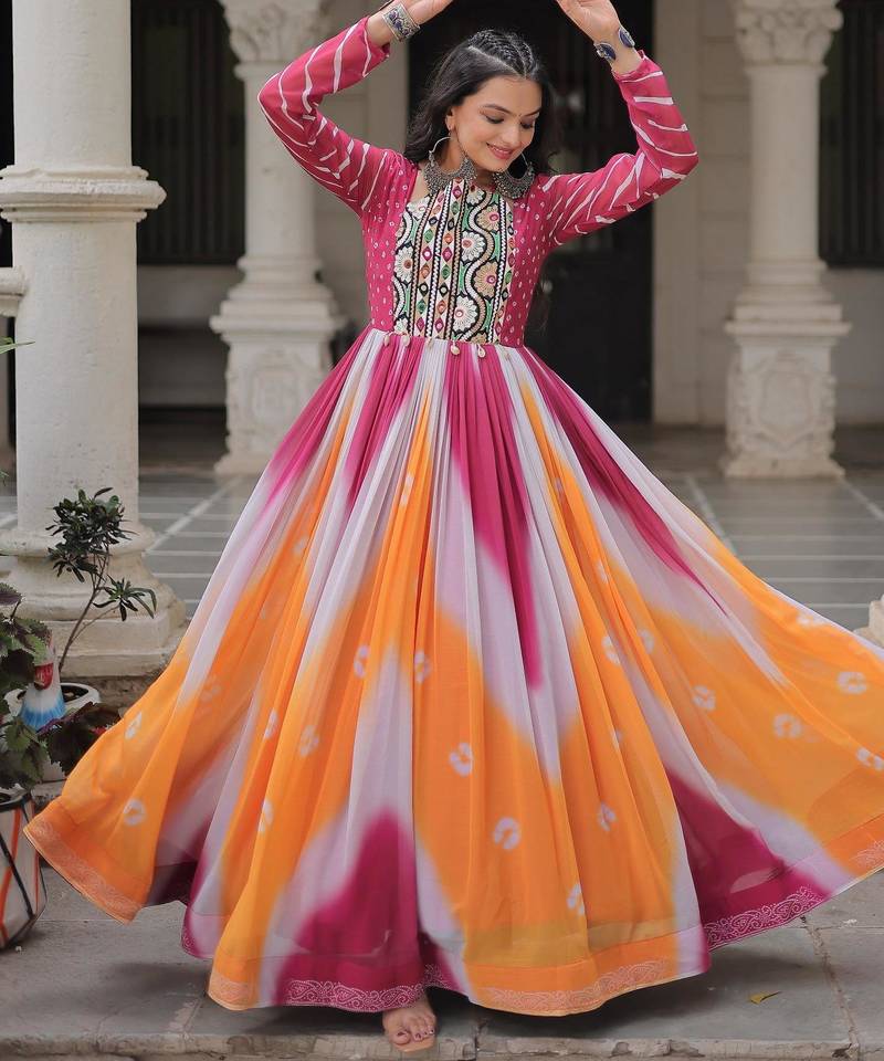 Pink&yellow georgette readymade navratri anarkali suit with bandhej & embroidery work