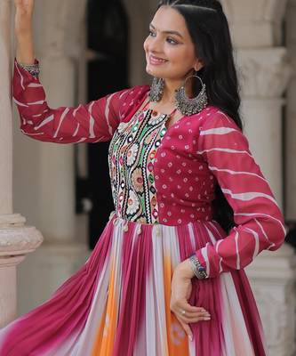 Pink&yellow georgette readymade navratri anarkali suit with bandhej & embroidery work 2