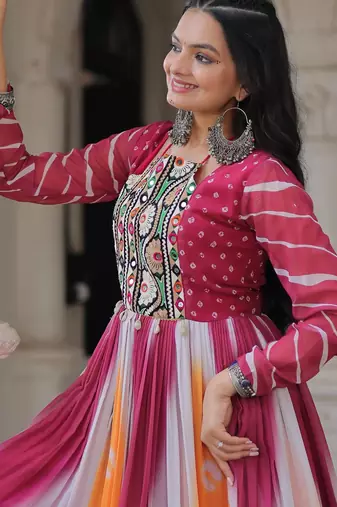 Pink&yellow georgette readymade navratri anarkali suit with bandhej & embroidery work