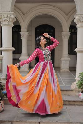 Pink&yellow georgette readymade navratri anarkali suit with bandhej & embroidery work 3