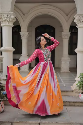 Pink&yellow georgette readymade navratri anarkali suit with bandhej & embroidery work