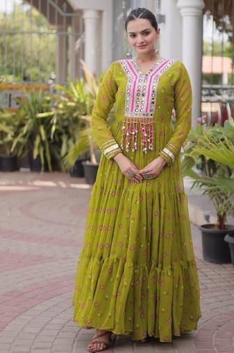 Mehendi Georgette Readymade Stitched Navratri Anarkali Suit with Laheriya & Kutchi Patchework