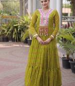 Mehendi georgette readymade navratri anarkali suit with laheriya & kutchi patchework