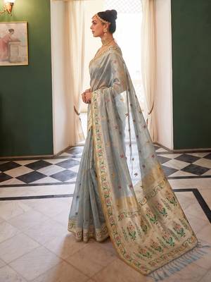 Grey tissue silk blend saree with paithani border and floral pallu 3
