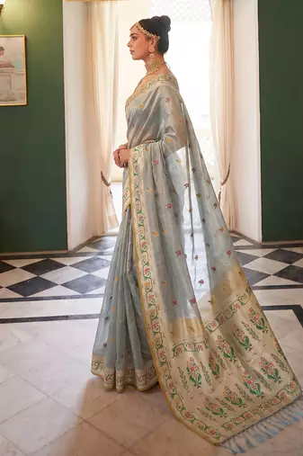 Grey tissue silk blend saree with paithani border and floral pallu