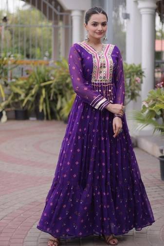 Violet Georgette Readymade Stitched Navratri Anarkali Suit with Laheriya & Kutchi Patchework