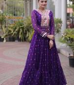 Violet georgette readymade navratri anarkali suit with laheriya & kutchi patchework