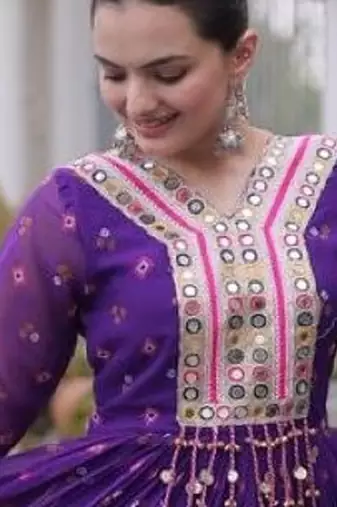 Violet georgette readymade navratri anarkali suit with laheriya & kutchi patchework