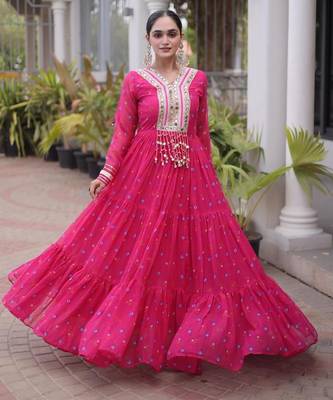 Rani-pink georgette readymade navratri anarkali suit with laheriya & kutchi patchework 1