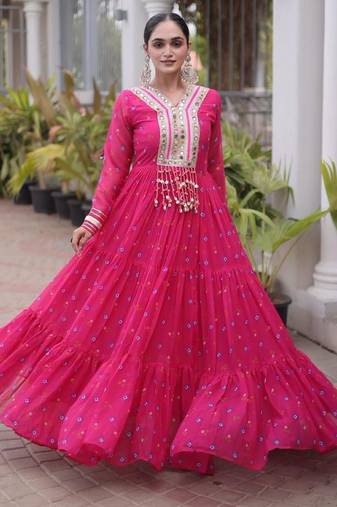 Rani-Pink Georgette Readymade Stitched Navratri Anarkali Suit with Laheriya & Kutchi Patchework