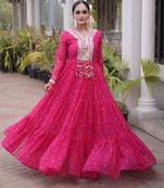 Rani-pink georgette readymade navratri anarkali suit with laheriya & kutchi patchework