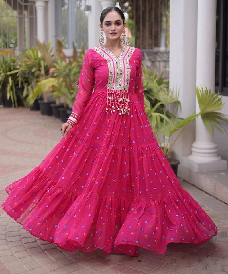 Rani-pink georgette readymade navratri anarkali suit with laheriya & kutchi patchework