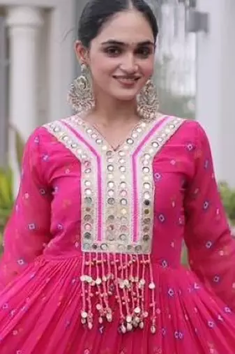 Rani-pink georgette readymade navratri anarkali suit with laheriya & kutchi patchework